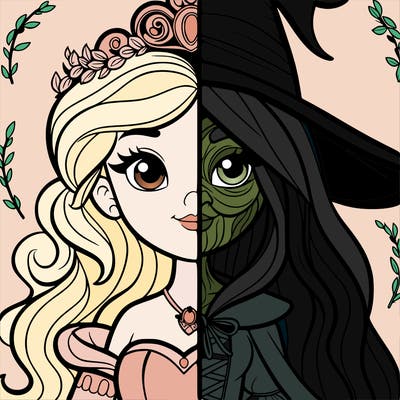 detailed realistic split of a princess and a witch
