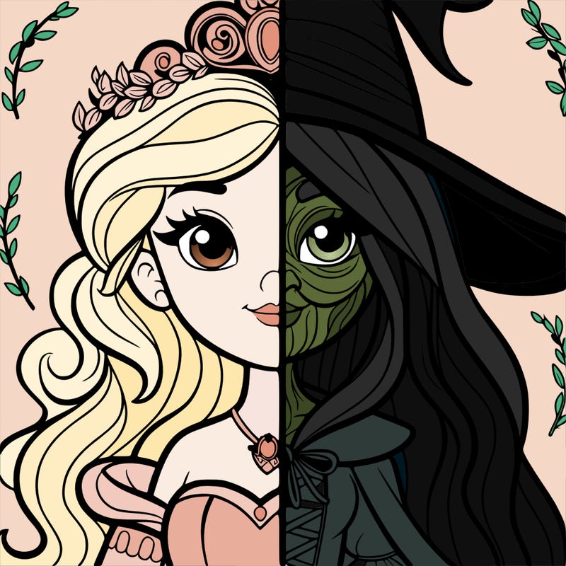 detailed realistic split of a princess and a witch