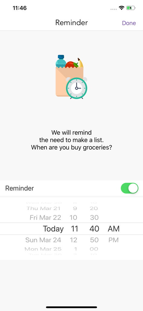 Ketogenic Keto diet food list - Tela de lembrete de lista de compras no aplicativo Lista de alimentos da dieta cetogênica Keto mostrando um seletor de hora e um ícone de sacola de compras.