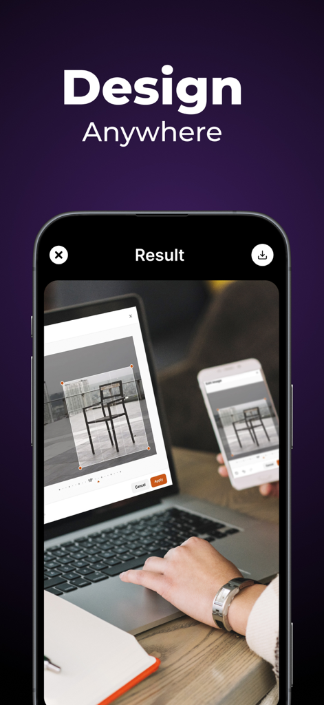 Pixelate - AI Photo Enhancer - Pixelate app interface on a smartphone showing photo editing tools with the headline Design Anywhere.