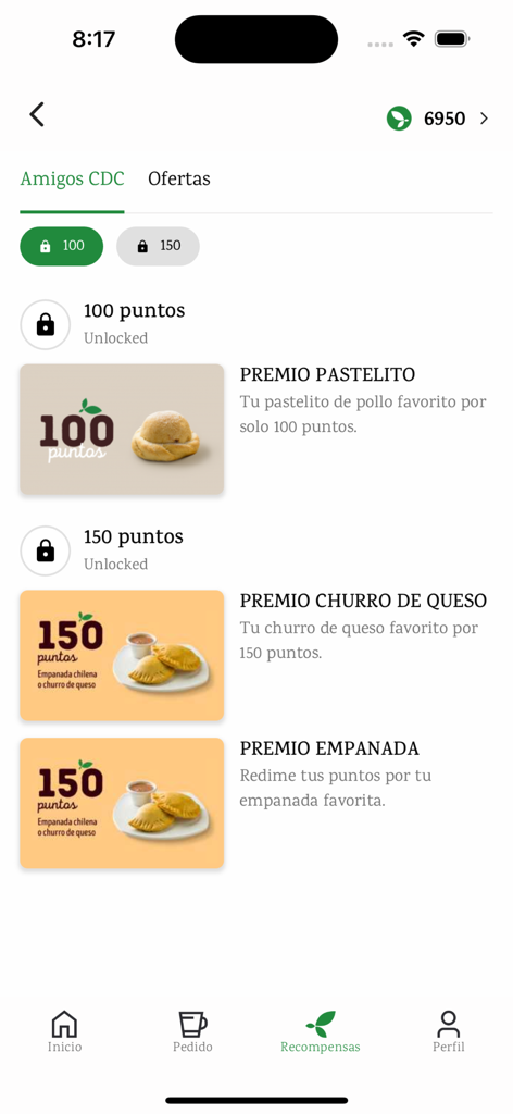 Casa del Café - Casa del Cafe app interface showing loyalty points and food reward options like pastelitos and empanadas