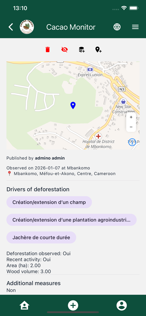 Cocoa Monitor - Interfaz de la aplicación móvil Cocoa Monitor mostrando un informe de alerta de deforestación con un mapa de ubicación en Camerún y datos ambientales.