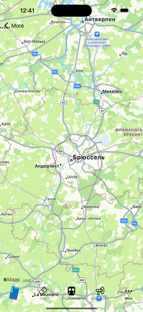 여행 계획을 위한 브뤼셀 및 주변 벨기에 도시의 지역 지도를 보여주는 모바일 앱 스크린샷.