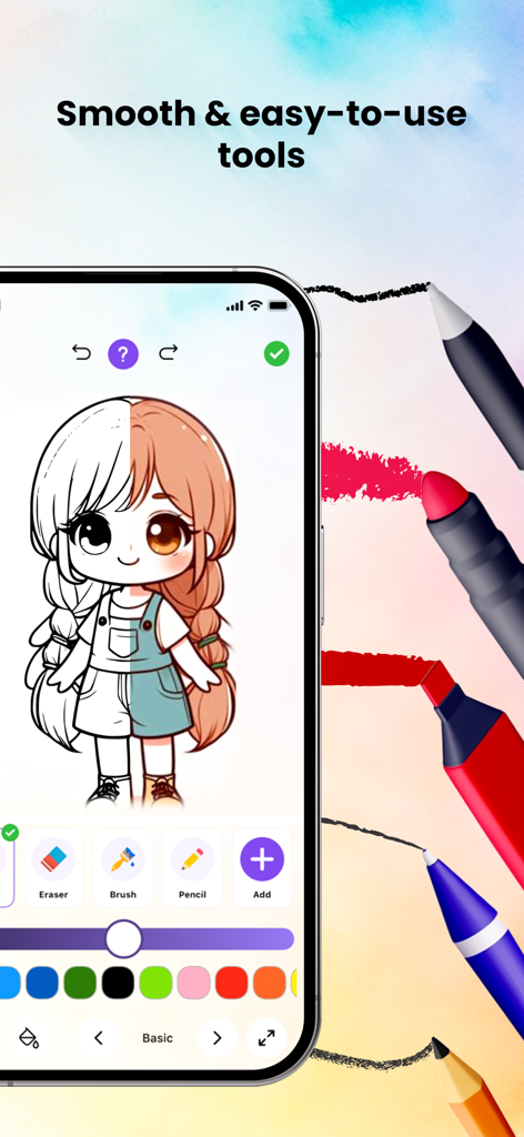 Coloring Pop - AI Art Maker - Interfaccia di colorazione digitale dell'app Coloring Pop che mostra un personaggio carino e vari strumenti di disegno