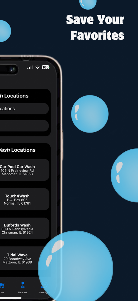 Touch4Wash - Touch4Wash app screen displaying a list of saved favorite car wash locations