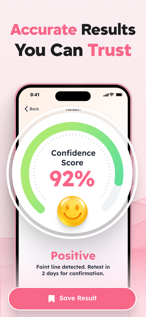 Pregnancy Test Checker & Scan - Pregnancy test scan app interface showing positive result and ninety-two percent confidence score