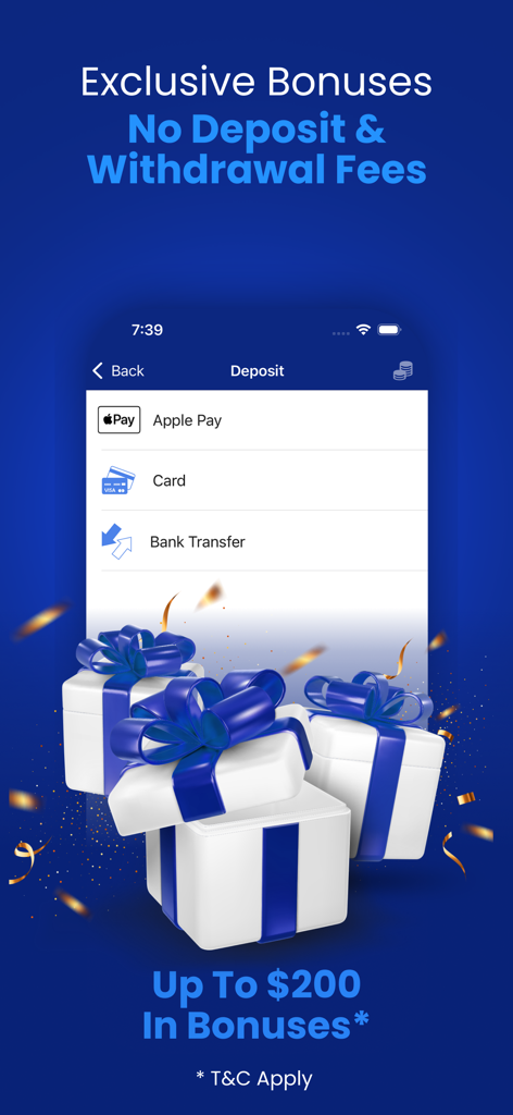 Pantalla de depósito de la aplicación de trading Plus500 mostrando métodos de pago y oferta de bono promocional