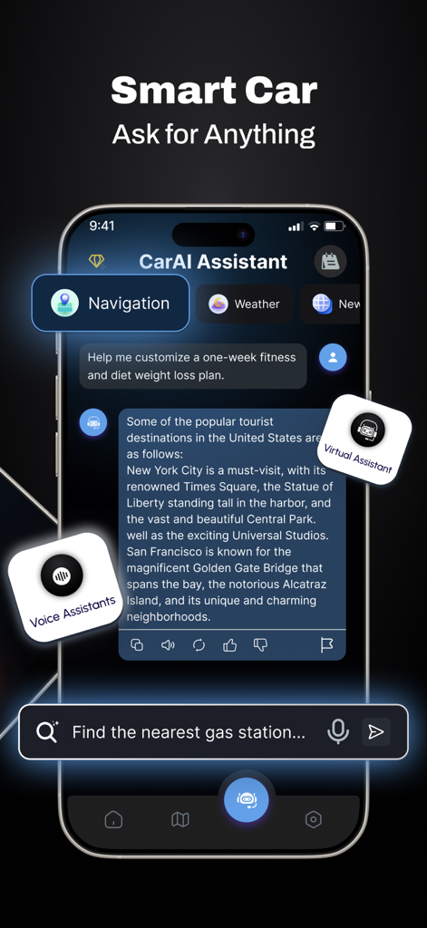 CarLink:Mirror Link Car Screen - CarLink app interface showing the CarAI Assistant with navigation and voice command features