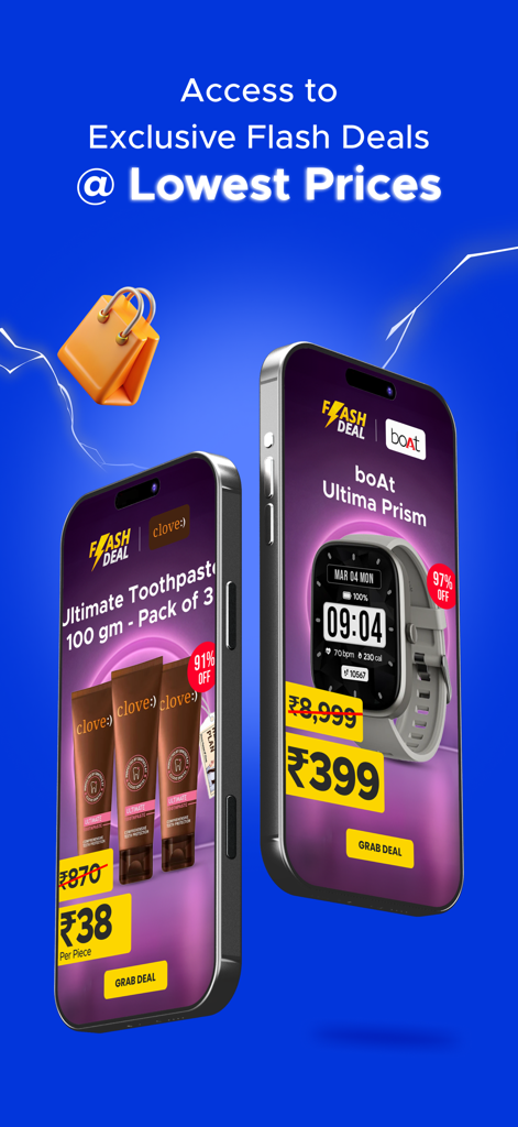 CashKaro - Cashback & Coupons - Two smartphones displaying exclusive flash deals on the CashKaro app for products like smartwatches and toothpaste at heavily discounted prices in Rupees.