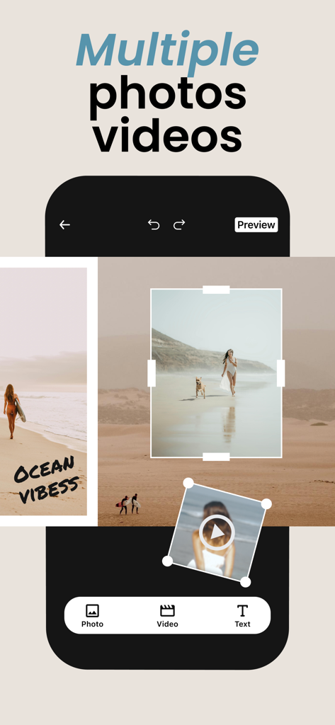 Interfaz de la aplicación PANO que muestra la función de edición multimedia para combinar fotos y videos en un carrusel fluido