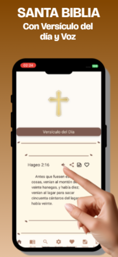 Santa Biblia + Audio - Santa Biblia app interface showing the Verse of the Day in Spanish with audio and sharing features
