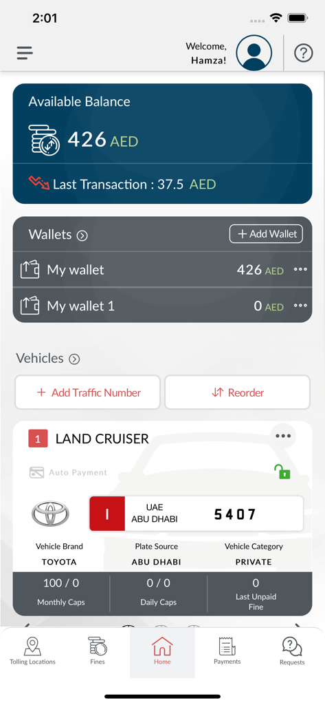 DARB app dashboard displaying wallet balance and registered vehicle details