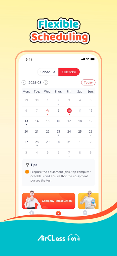 AirClass Online 1-on-1 - AirClass app interface showing a monthly calendar for flexible lesson scheduling