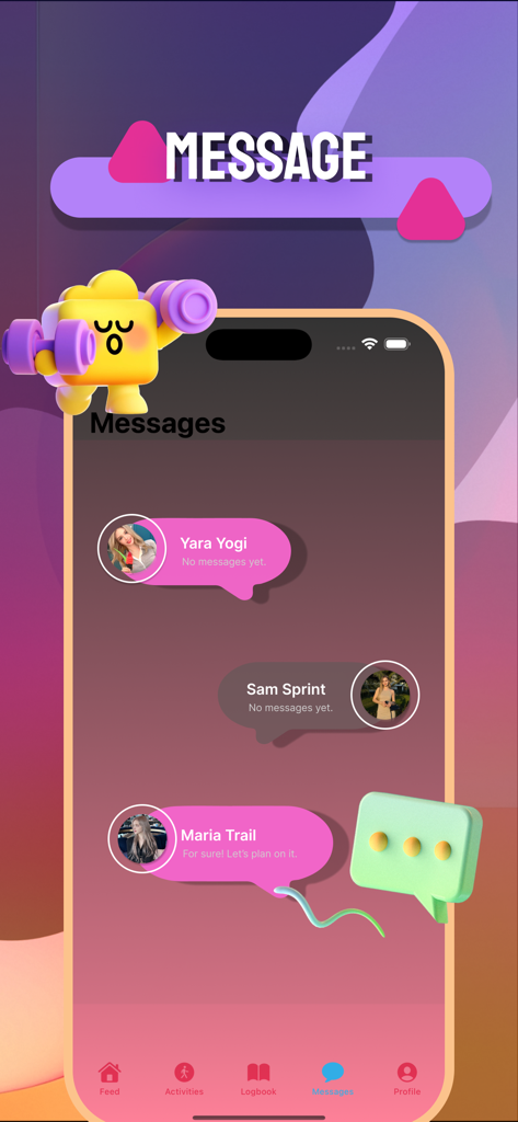 Miniy app messaging interface showing a list of social chat conversations with fitness enthusiasts