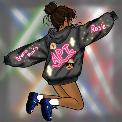 realistic girl jumping with a bun and oversized sweatshirt