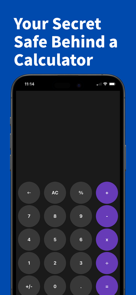 Calculator Vault - Privacy - Tela de smartphone mostrando a interface do aplicativo Calculator Vault com o texto Seu Cofre Secreto Atrás de uma Calculadora