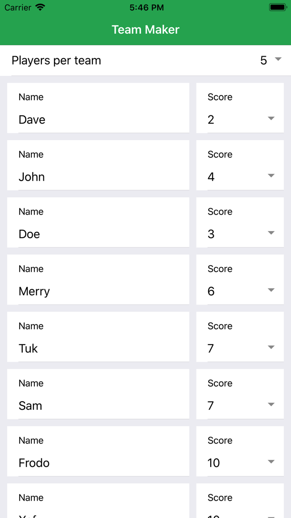 Interface showing a list of player names and assigned skill scores for creating balanced teams