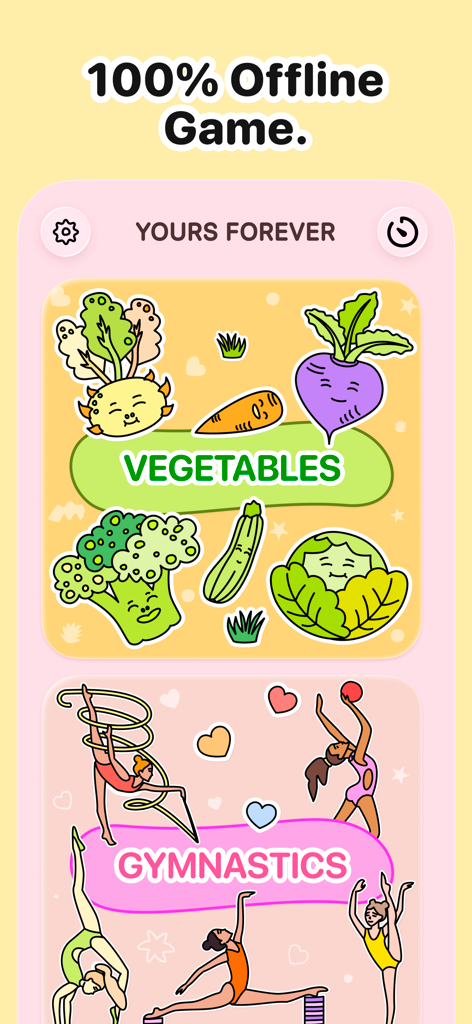 AI-Free Kids Coloring • Mea - A screenshot of the Mea coloring app showing vegetable and gymnastics themed hand-drawn packs available for offline play.