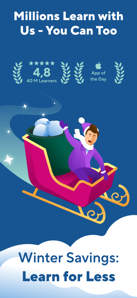 Language Learning Games: Drops - Ein Werbebildschirm für die Drops-Sprachlern-App mit Winterangeboten und einer Figur auf einem Schlitten.