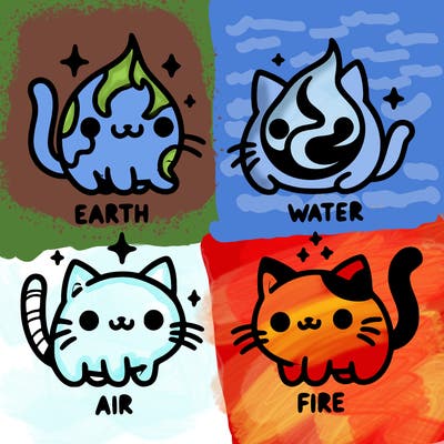 4 cats that represent the different elements, earth, water, air, and fire