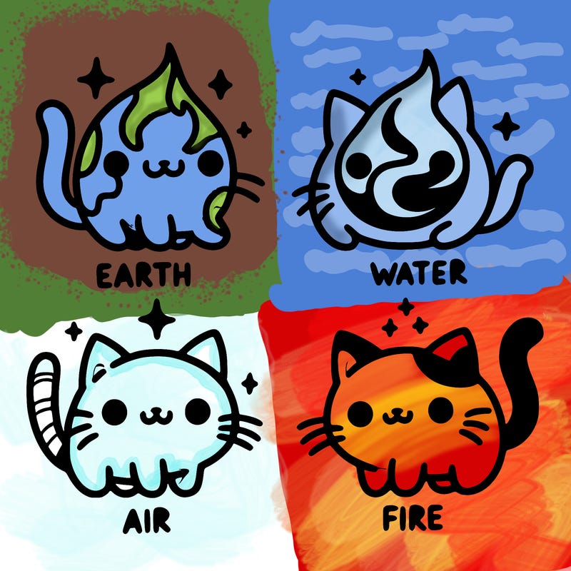 4 cats that represent the different elements, earth, water, air, and fire
