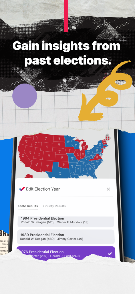 A historical US electoral map showing past presidential election results in the Ballotics app