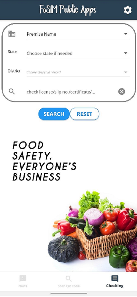 FoSIM Public Apps - Checking screen of FoSIM Public Apps showing search fields for food premise and license verification