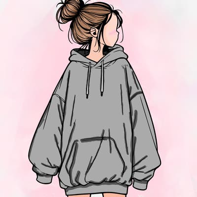 realistic girl with a oversized sweatshirt on and a bun