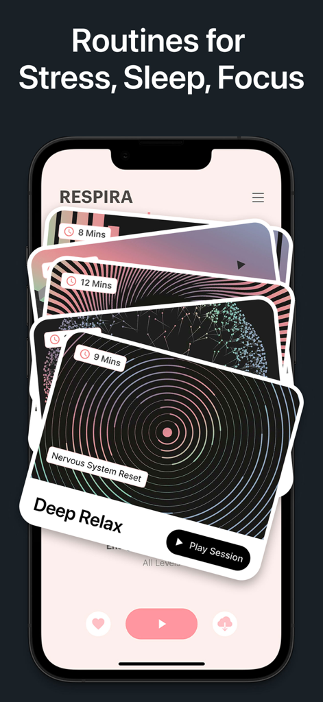 Smartphone-Bildschirm, der die RESPIRA App mit geführten Atemübungssitzungskarten zur Stressbewältigung und Schlaffokussierung anzeigt