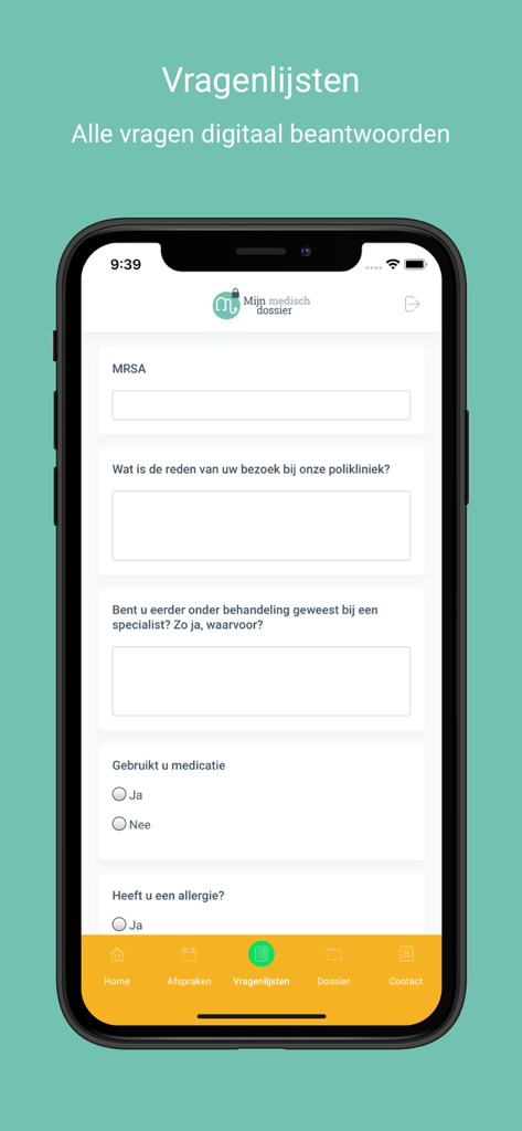 Una pantalla móvil que muestra un cuestionario médico en la aplicación Mijn Medisch Dossier con campos para historial médico y medicación