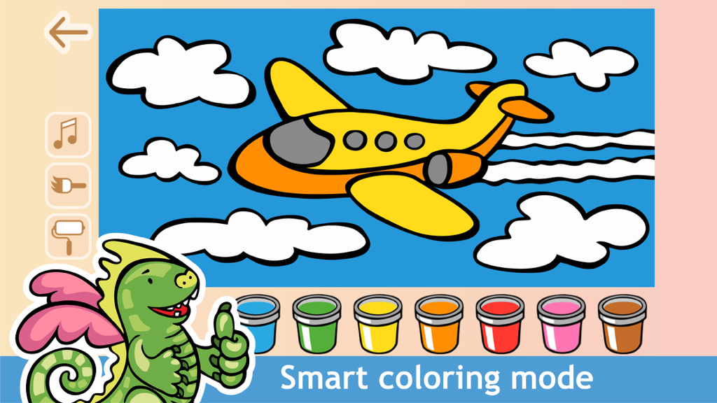 Joyful Color Book - Fun Game - Joyful Color Book app screenshot showing the smart coloring mode with an airplane and a row of paint pots