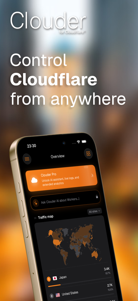 Clouder for Cloudflare - Cloudflare用Clouderアプリの概要画面が表示されたiPhone。グローバルトラフィックマップとネイティブ分析インターフェースが表示されています。