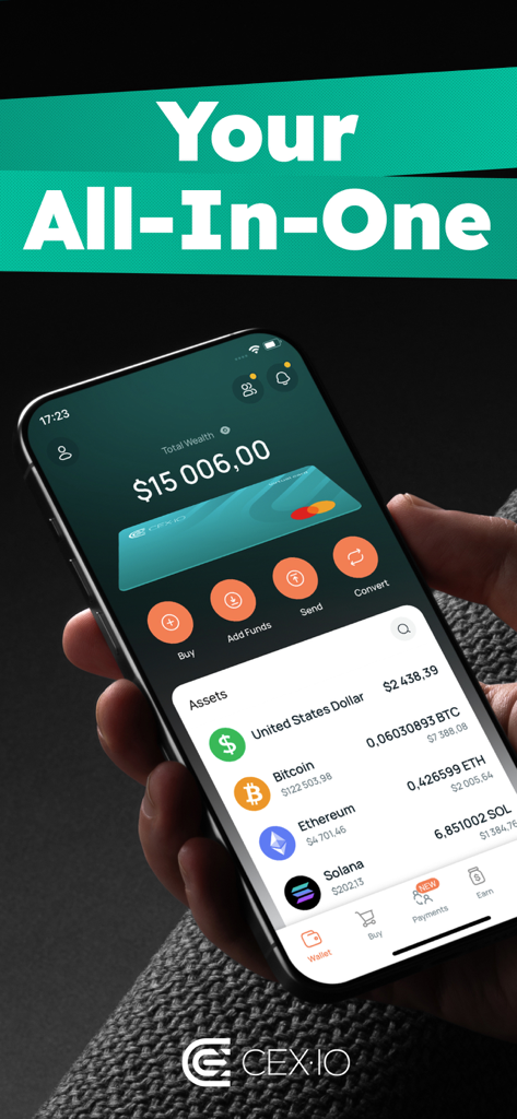 Pantalla de smartphone que muestra la interfaz de la aplicación del monedero cripto CEX.IO con un saldo de riqueza total y varios listados de activos como Bitcoin y Ethereum