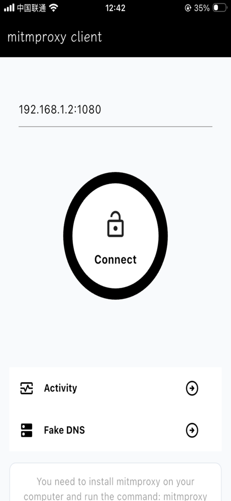 mitmproxy client by txthinking - Interfaz de la aplicación móvil mitmproxy client mostrando la entrada de dirección IP y el botón de conexión