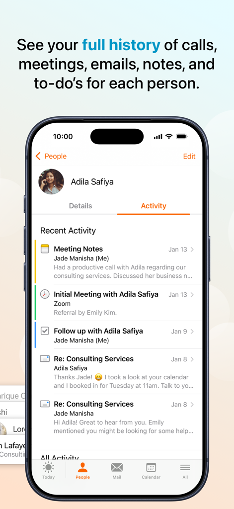 Daylite - Mail, Calendar, CRM - Daylite app on iPhone showing a contact's full activity history including notes, meetings, and emails.