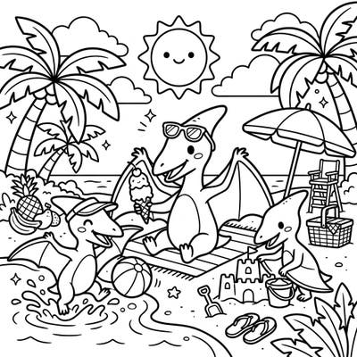 Dive into a prehistoric summer adventure with this delightful coloring page featuring cheerful pterosaurs on a sunny beach! Kids will love bringing these flying friends, sandcastles, and ice cream treats to life with their favorite colors.