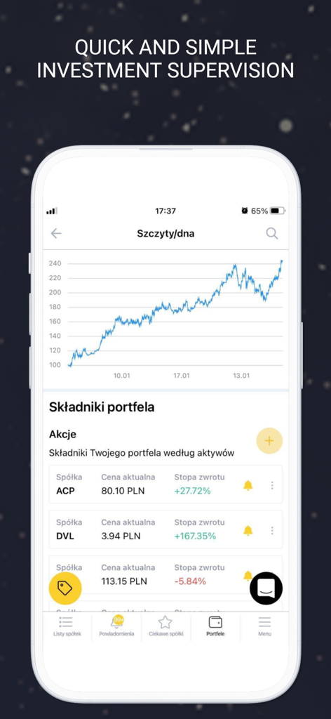 Interfaz de la aplicación móvil Squaber mostrando un gráfico de precios de acciones y seguimiento de portafolio de inversiones con tasas de retorno.