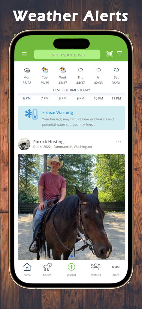 Equestrian App - Mobile interface of the Equestrian App displaying weather alerts, a freeze warning notification, and a social riding post