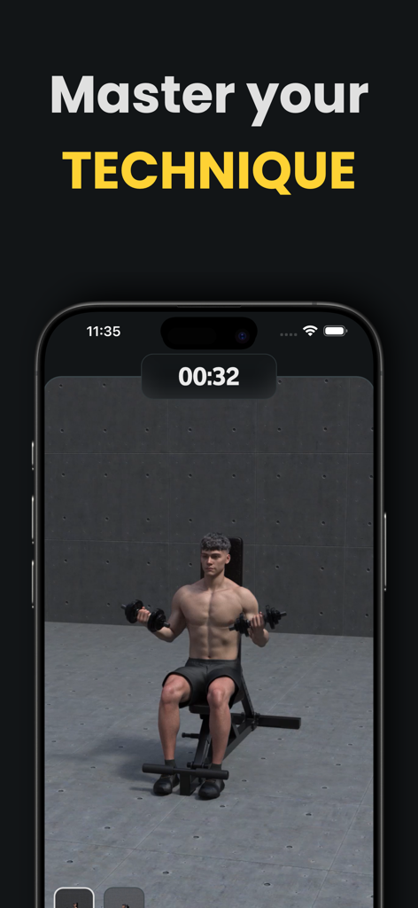 FITZZ app screenshot showing a 3D animated video guide for dumbbell bicep curls to help users master workout technique