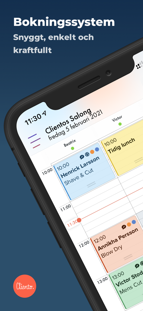 Cliento - Smartare bokningar - Un'interfaccia mobile dell'app Cliento che mostra un calendario giornaliero con vari appuntamenti clienti per un salone.