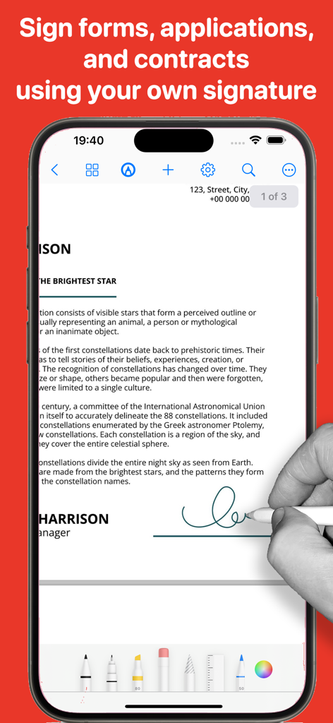 User signing a PDF document on a mobile app with a stylus
