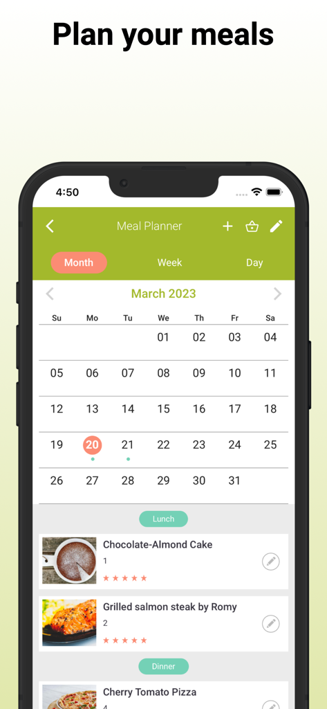 Vista de calendario del planificador de comidas en el organizador de recetas Cookmate mostrando comidas programadas para el almuerzo y la cena