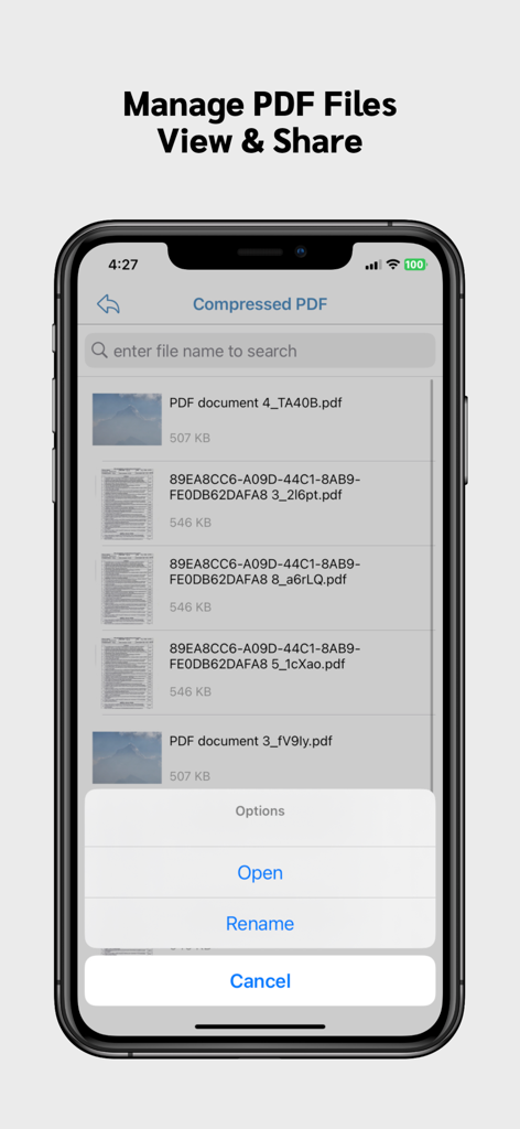 開くまたは名前を変更するオプションとともに、圧縮されたPDFファイルのリストを示すモバイルアプリのインターフェース