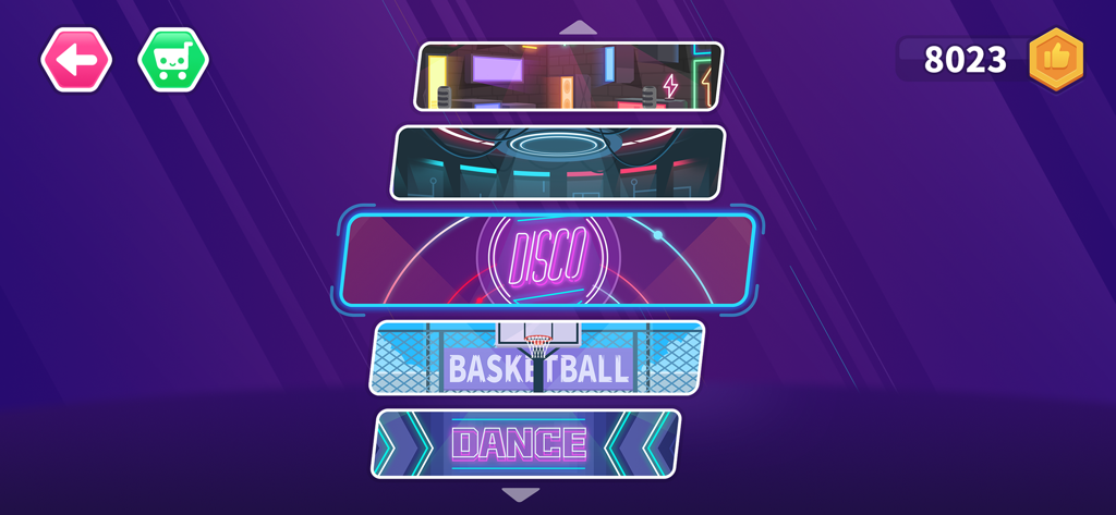 Dance Party Coding for kids - Level selection screen in the Dance Party Coding app showing Disco and Basketball themes