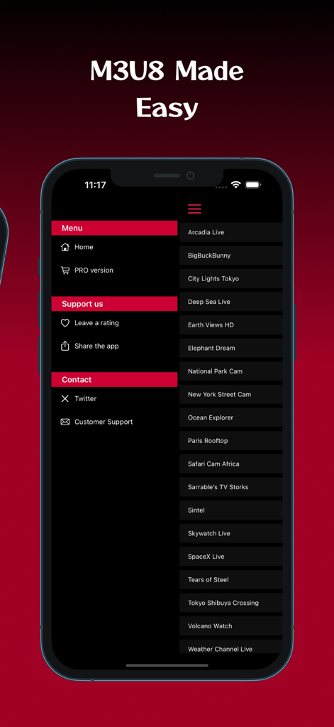 M3U8 Stream Player: TV & Video - Interface of the M3U8 Stream Player app showing a side navigation menu and a playlist of video streams on an iPhone