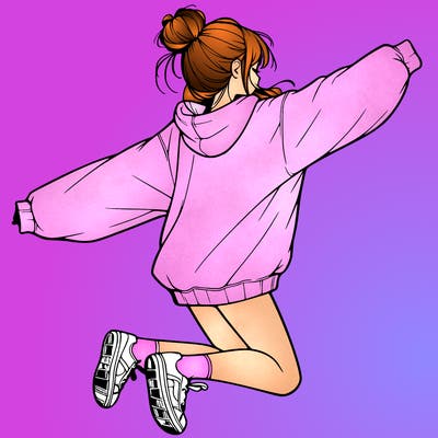 realistic girl jumping with a bun and oversized sweatshirt