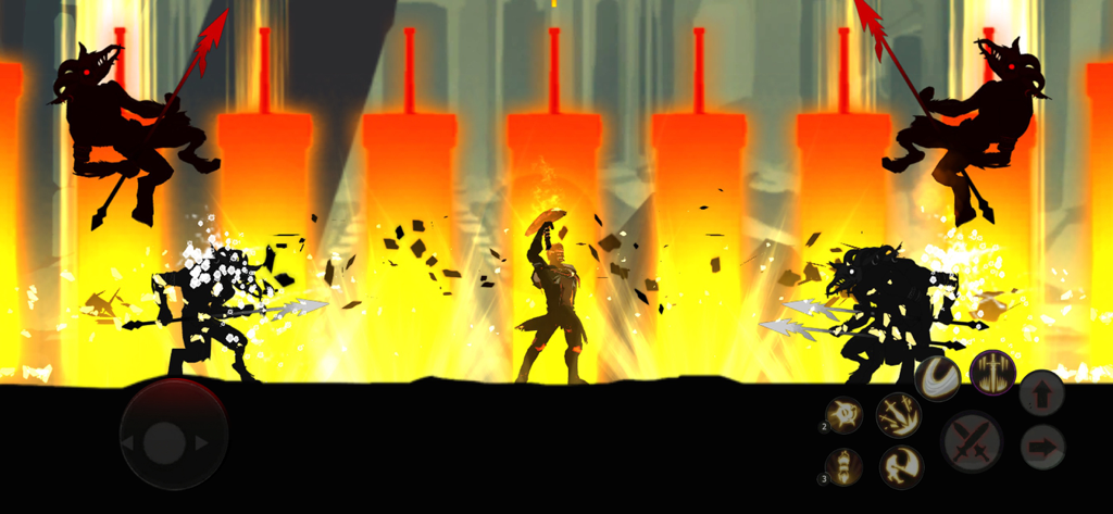 Side-scrolling action gameplay from Shadow of Death showing a silhouette hero fighting enemies against a fiery orange background