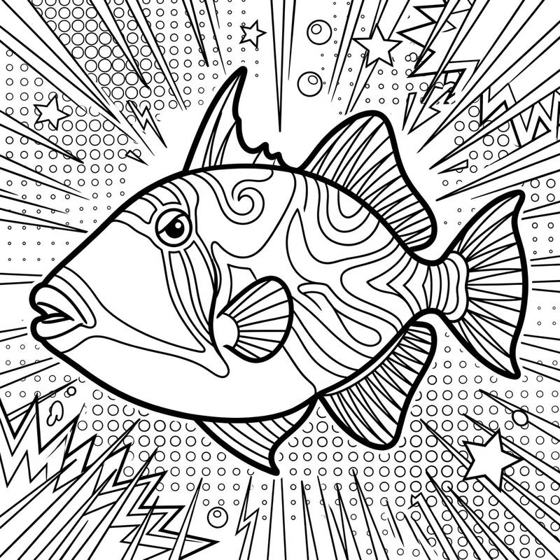 Unleash your creativity with this striking Pop Art Triggerfish coloring page. Its bold lines and dynamic comic-book background promise an exciting and vibrant coloring experience for all.