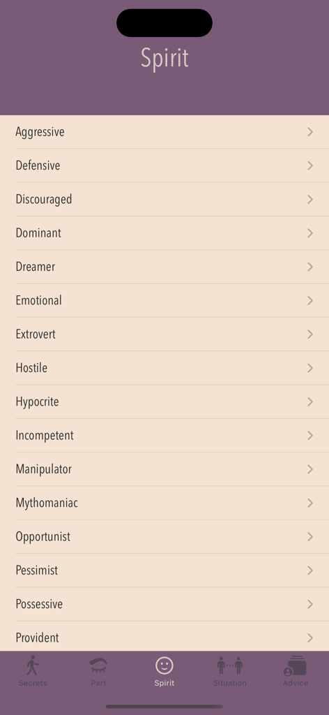 Body Secrets - Ein Menü in der Body Secrets App, das psychologische Gemütszustände wie aggressiv und dominant auflistet.