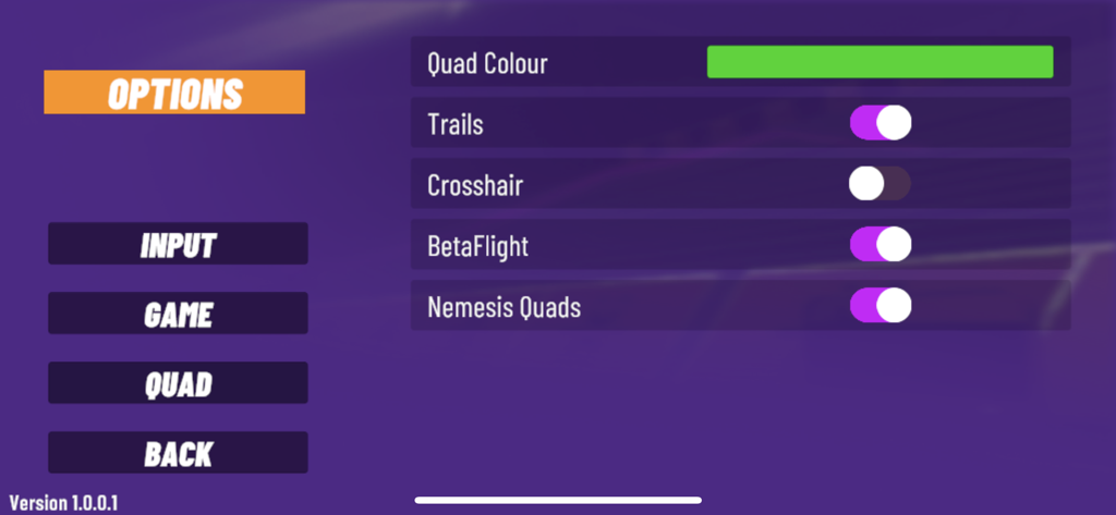 VelociDrone options menu showing settings for quad color trails and BetaFlight integration